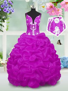 Fuchsia Lace Up Glitz Pageant Dress Beading and Appliques and Pick Ups Sleeveless Floor Length