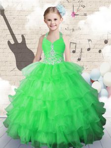 Fashionable Halter Top Sleeveless Lace Up Floor Length Beading and Ruffled Layers Little Girl Pageant Dress