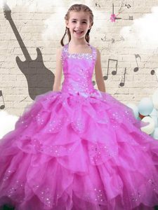 Halter Top Sleeveless Organza Floor Length Lace Up Little Girls Pageant Gowns in Rose Pink with Beading and Ruffles