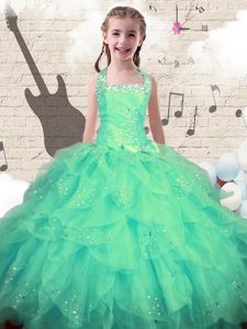 Custom Made Halter Top Turquoise Lace Up Glitz Pageant Dress Beading and Ruffles Sleeveless Floor Length