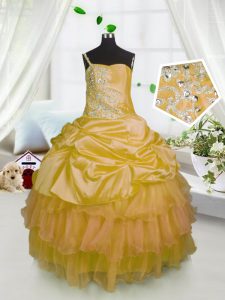 Orange Satin and Tulle Lace Up One Shoulder Sleeveless Floor Length Little Girls Pageant Dress Wholesale Beading and Ruffled Layers and Pick Ups
