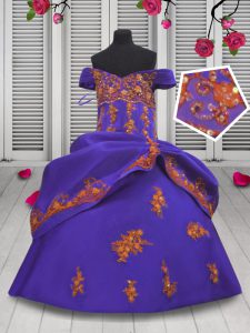 Hot Sale Off the Shoulder Sleeveless Floor Length Beading and Appliques Lace Up Evening Gowns with Purple