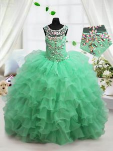 Trendy Apple Green Organza Lace Up Scoop Sleeveless Floor Length Kids Pageant Dress Beading and Ruffled Layers