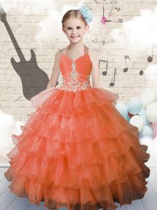 Orange Halter Top Neckline Beading and Ruffled Layers Pageant Dress for Teens Sleeveless Lace Up