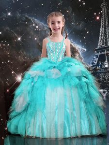 Floor Length Ball Gowns Sleeveless Aqua Blue Little Girl Pageant Dress Lace Up