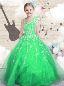 Sleeveless Floor Length Beading and Appliques and Hand Made Flower Lace Up Pageant Dress for Teens with Green