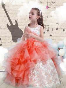 New Style Scoop Watermelon Red Lace Up Pageant Dresses Beading and Ruffles Sleeveless Floor Length
