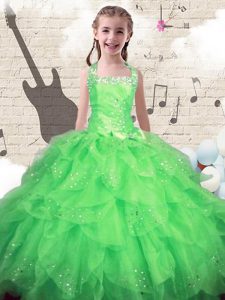 Halter Top Sleeveless Organza Floor Length Lace Up Pageant Gowns For Girls in Green with Beading and Ruffles