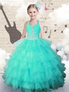 Halter Top Turquoise Sleeveless Floor Length Beading and Ruffled Layers Lace Up Evening Gowns