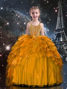 Simple Orange Lace Up Spaghetti Straps Beading and Ruffles Pageant Dress for Girls Organza Sleeveless