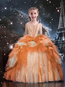 Spaghetti Straps Sleeveless Tulle Pageant Dresses Beading and Ruffled Layers Lace Up