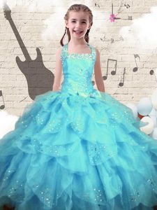 Aqua Blue Halter Top Neckline Beading and Ruffles High School Pageant Dress Sleeveless Lace Up