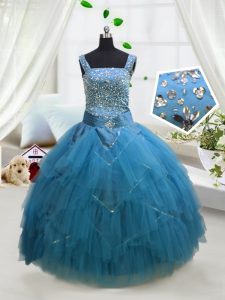 Floor Length Aqua Blue Evening Gowns Straps Sleeveless Lace Up