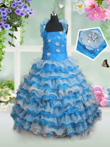 Customized Floor Length Lace Up Pageant Gowns Baby Blue for Party and Wedding Party with Beading and Appliques and Ruffled Layers