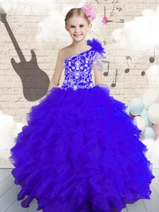 One Shoulder Floor Length Lace Up Pageant Dress for Teens Navy Blue for Party and Wedding Party with Embroidery and Ruffles and Hand Made Flower