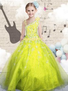 Best Yellow Green Asymmetric Neckline Beading and Appliques and Hand Made Flower Pageant Dress Wholesale Sleeveless Lace Up