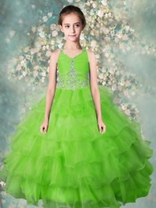 Ruffled Floor Length Apple Green Pageant Dress for Womens Halter Top Sleeveless Zipper