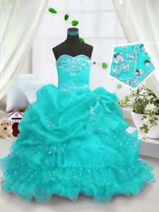 Pick Ups Ruffled Floor Length Aqua Blue Pageant Dress for Teens Sweetheart Sleeveless Lace Up