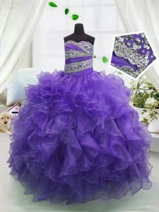 Eggplant Purple Ball Gowns Sweetheart Sleeveless Organza Floor Length Lace Up Beading and Ruffles Kids Pageant Dress