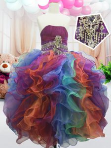 Multi-color Ball Gowns Organza Strapless Sleeveless Beading and Ruffles Floor Length Zipper Little Girl Pageant Dress