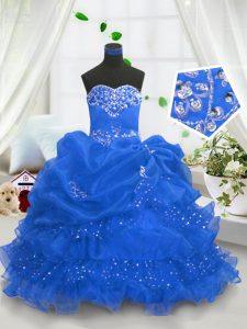 Custom Made Sleeveless Floor Length Beading and Ruffled Layers and Pick Ups Lace Up Child Pageant Dress with Blue
