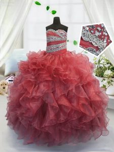 Coral Red Ball Gowns Organza Sweetheart Sleeveless Beading and Ruffles Floor Length Lace Up Pageant Gowns
