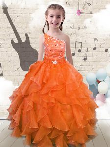 One Shoulder Floor Length Orange Red Pageant Dress for Girls Organza Sleeveless Beading and Ruffles