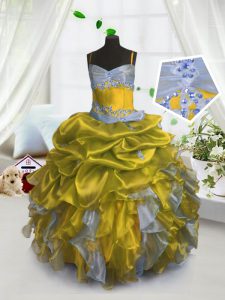 Floor Length Gold Pageant Gowns Organza Sleeveless Beading and Ruffles and Pick Ups