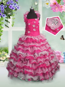 Simple Sleeveless Floor Length Beading and Appliques and Ruffled Layers Lace Up Little Girl Pageant Gowns with Hot Pink