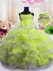 Super Light Yellow Organza Zipper Spaghetti Straps Sleeveless Floor Length Child Pageant Dress Beading and Ruffled Layers