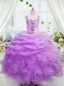 Floor Length Zipper Pageant Dress for Teens Rose Pink for Party and Wedding Party with Beading and Ruffles and Pick Ups