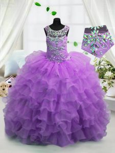 Scoop Sleeveless Organza Floor Length Lace Up Pageant Dress for Girls in Lavender with Beading and Ruffled Layers