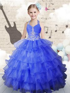 Halter Top Sleeveless Pageant Dress Womens Floor Length Beading and Ruffled Layers Royal Blue Organza