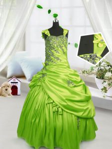 Yellow Green Ball Gowns Straps Sleeveless Satin Floor Length Lace Up Beading and Pick Ups Pageant Gowns