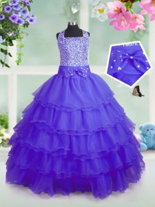 Super Organza Square Sleeveless Zipper Beading and Ruffled Layers Little Girl Pageant Dress in Purple