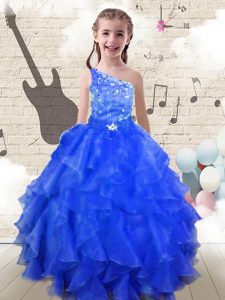 One Shoulder Floor Length Lace Up Glitz Pageant Dress Royal Blue for Party and Wedding Party with Beading and Ruffles