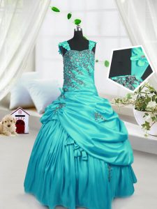 Attractive Satin Straps Sleeveless Lace Up Beading and Pick Ups Little Girls Pageant Gowns in Turquoise