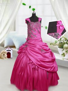 Fancy Hot Pink Satin Lace Up Straps Sleeveless Floor Length Pageant Dress Beading and Pick Ups