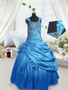 Aqua Blue Zipper Little Girl Pageant Gowns Beading and Pick Ups Sleeveless Floor Length