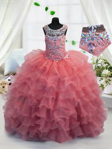 Top Selling Coral Red Scoop Neckline Beading and Ruffled Layers Pageant Dress Womens Sleeveless Lace Up