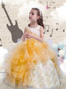 Simple Scoop Orange Lace Up Kids Formal Wear Beading and Ruffles Sleeveless Floor Length
