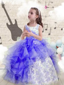 High Quality Scoop Blue Sleeveless Beading and Ruffles Floor Length Pageant Dress Wholesale