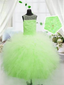Custom Design Scoop Sleeveless Little Girl Pageant Gowns Floor Length Beading and Appliques Yellow Green Tulle