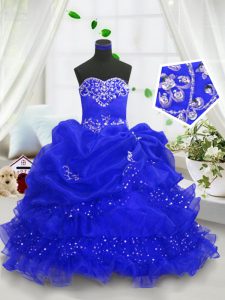 Simple Pick Ups Ruffled Sweetheart Sleeveless Lace Up Pageant Dress for Teens Royal Blue Organza