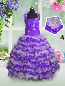 Lavender Sleeveless Beading and Appliques and Ruffled Layers Floor Length Pageant Dress for Teens