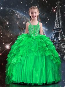Top Selling Floor Length Lace Up Pageant Dress for Teens Apple Green for Party and Wedding Party with Beading and Ruffles