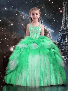 Spaghetti Straps Sleeveless Custom Made Pageant Dress Floor Length Beading and Ruffles Apple Green Organza