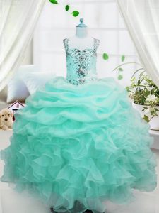 Eye-catching Baby Blue Lace Up Custom Made Pageant Dress Beading and Ruffles and Pick Ups Sleeveless Floor Length