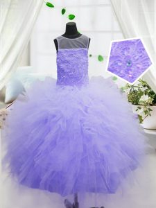 Discount Scoop Floor Length Purple Pageant Dress for Girls Organza Sleeveless Beading and Ruffles