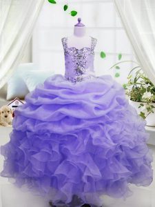 Sleeveless Zipper Floor Length Beading and Ruffles and Pick Ups Kids Pageant Dress